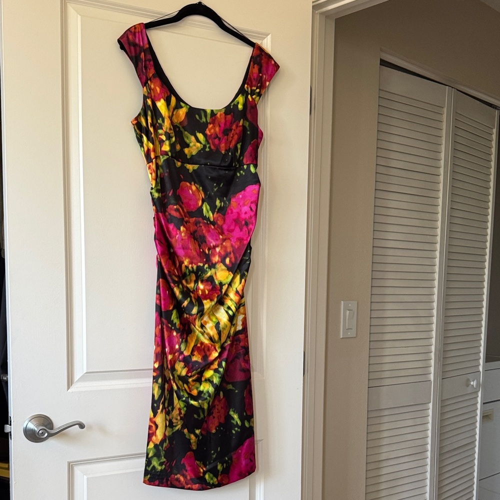 London Times Black and Pink Floral Midi Dress